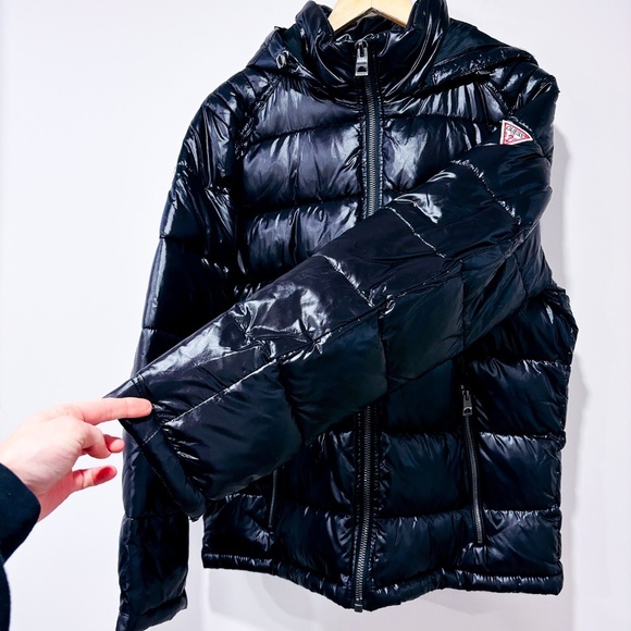 GUESS Black Shiny Hooded Puffer Coat - Picture 8 of 9